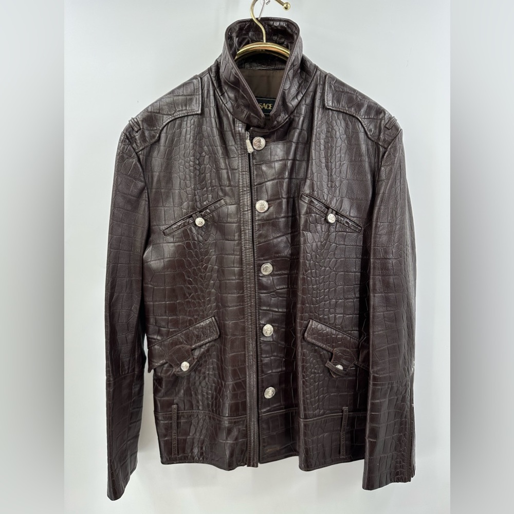 Versace Brown Leather Zip-up Button-Down Jacket Made In Italy Size 54